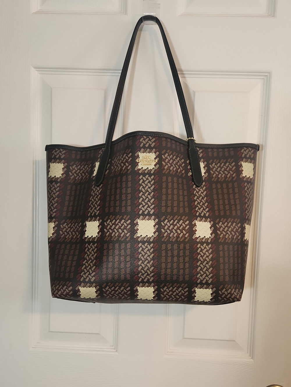 Coach Brown Plaid Tote with Cream Accents